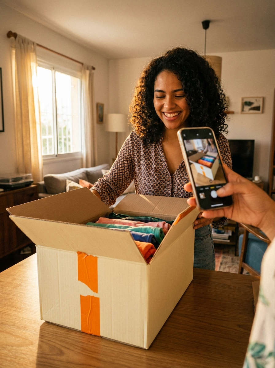 Clienta abriendo su caja en casa