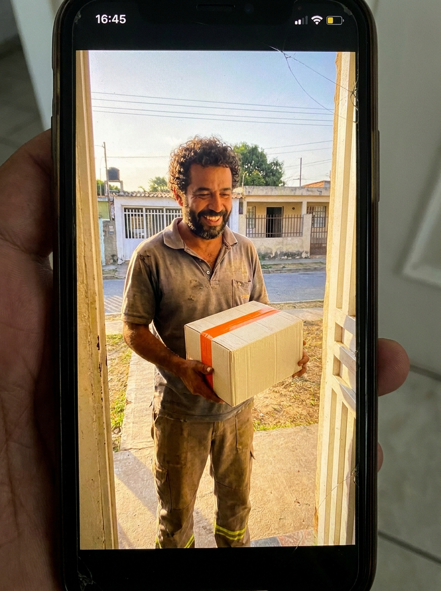 Cliente recibiendo su caja en la puerta