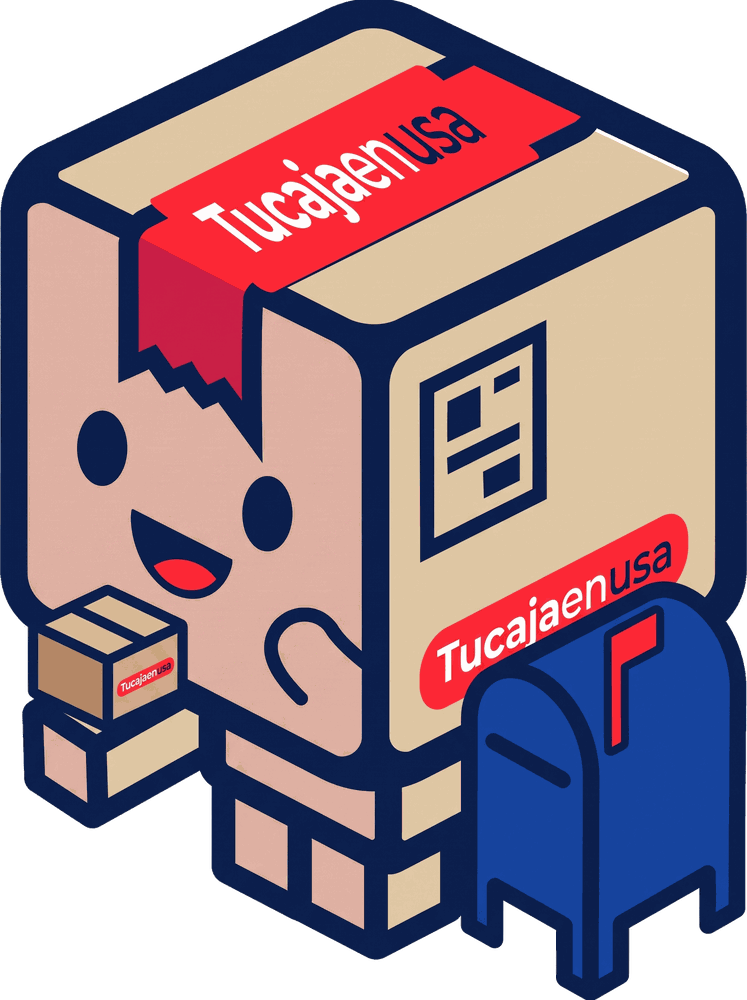 Boxy, la mascota de Tucajadeusa, con un paquete junto a tu buzón en USA