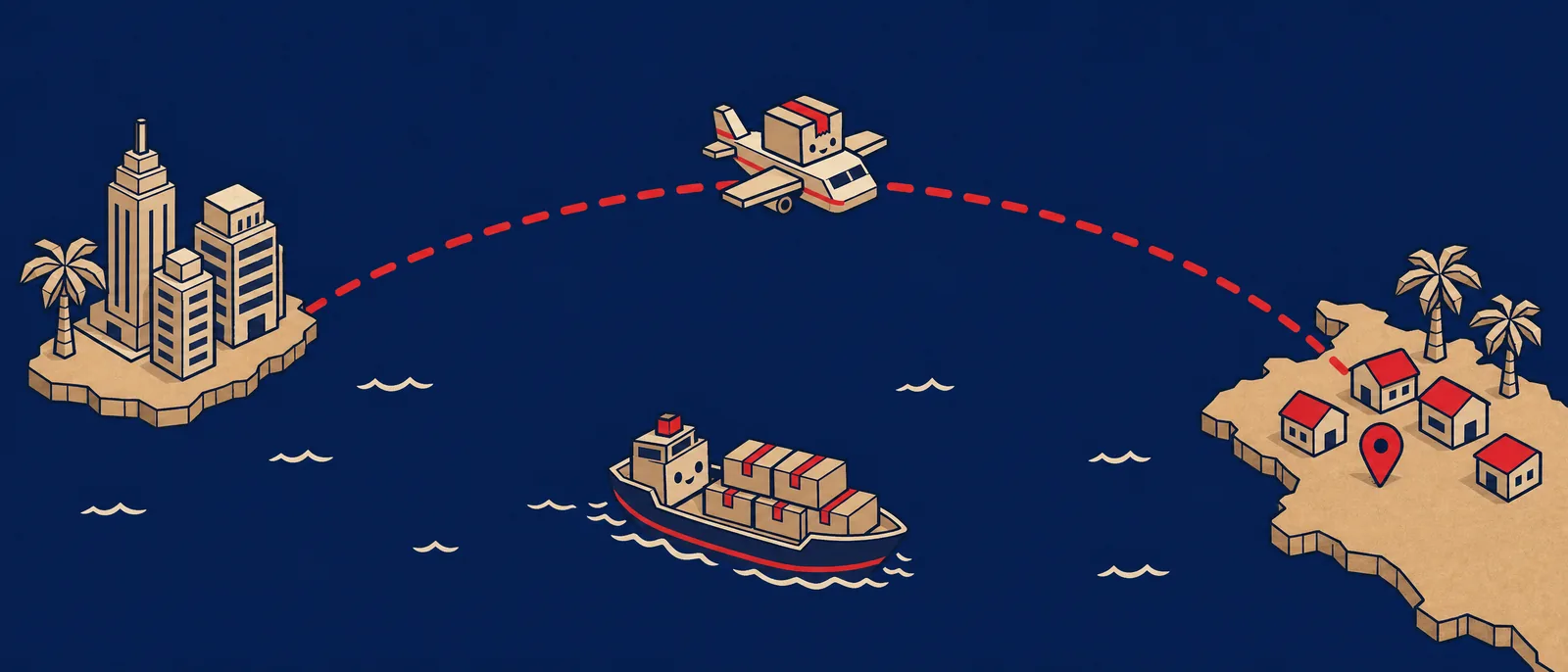 La ruta: de Miami sale un avión con una caja y un barco con cajas apiladas, cruzan el Caribe por una línea de puntos roja y llegan a la costa de Venezuela, donde hay casas de techo rojo y un pin del mapa.
